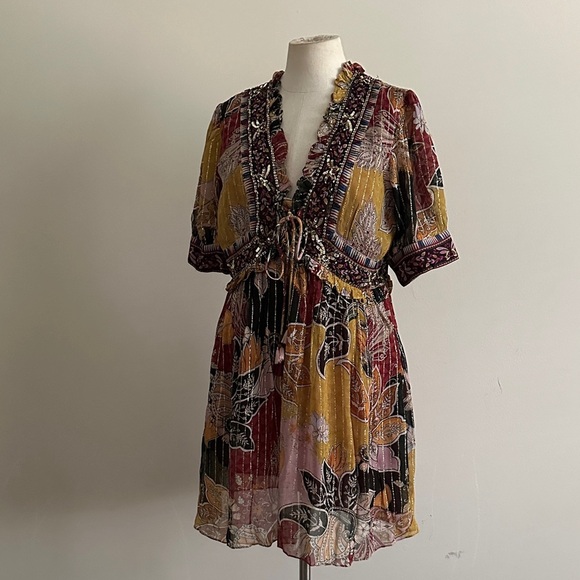 ANTHROPOLOGIE Beaded Sequin Shimmer Mini Dress Bohemian sz Medium - Picture 2 of 9